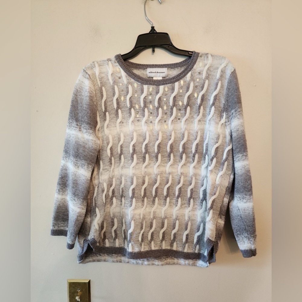 Alfred Dunner grey and white striped sweater size large